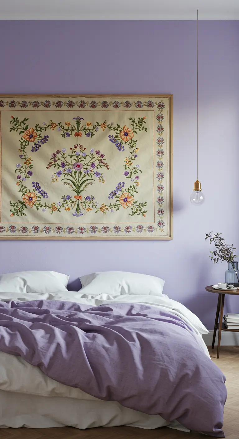 Slaapkamer met lavendelkleurige muren en een groot geborduurd bloementapijt boven het bed.