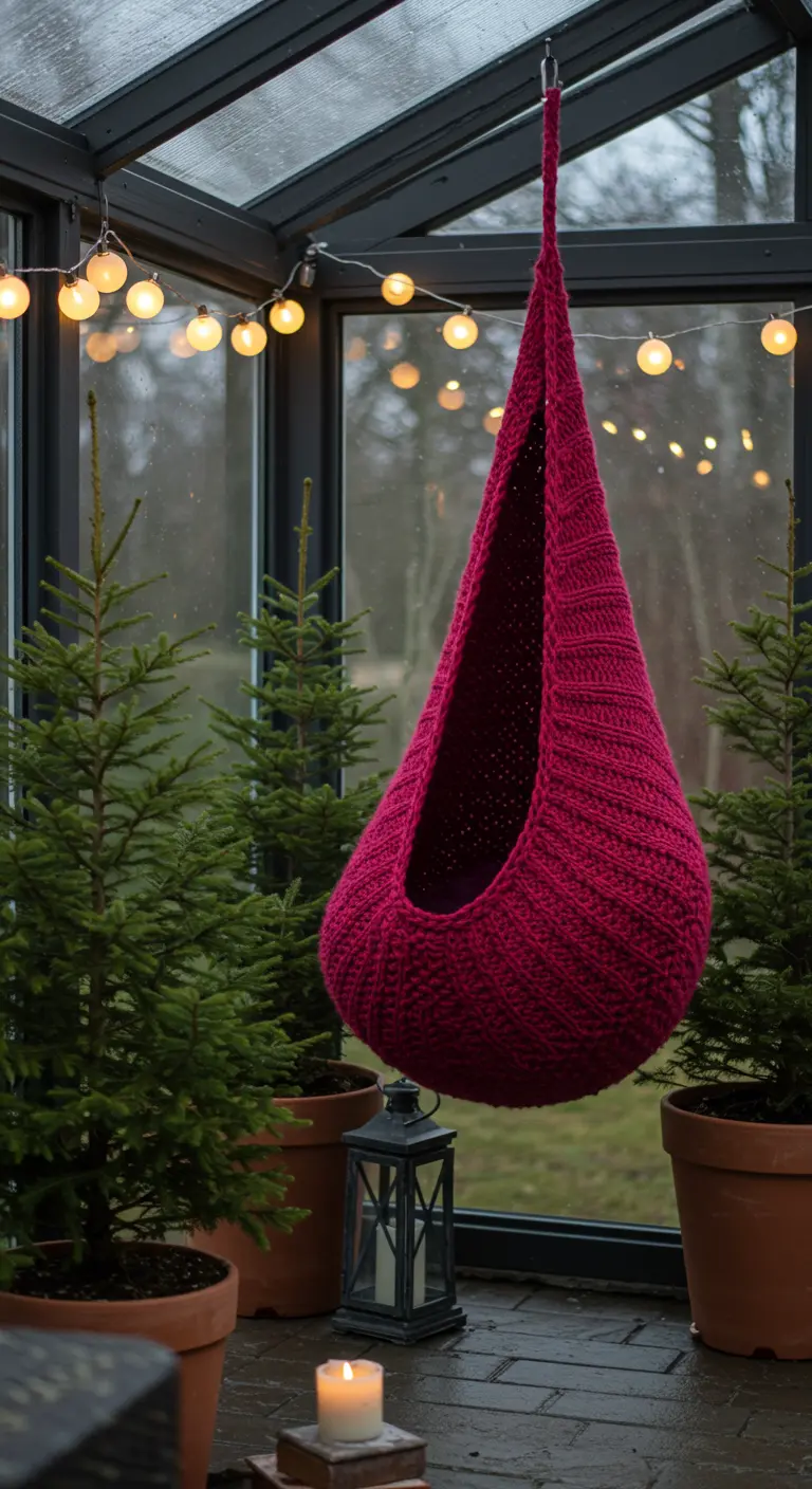Dik gebreide, magentakleurige hangstoel in een glazen serre met dennenboompjes.