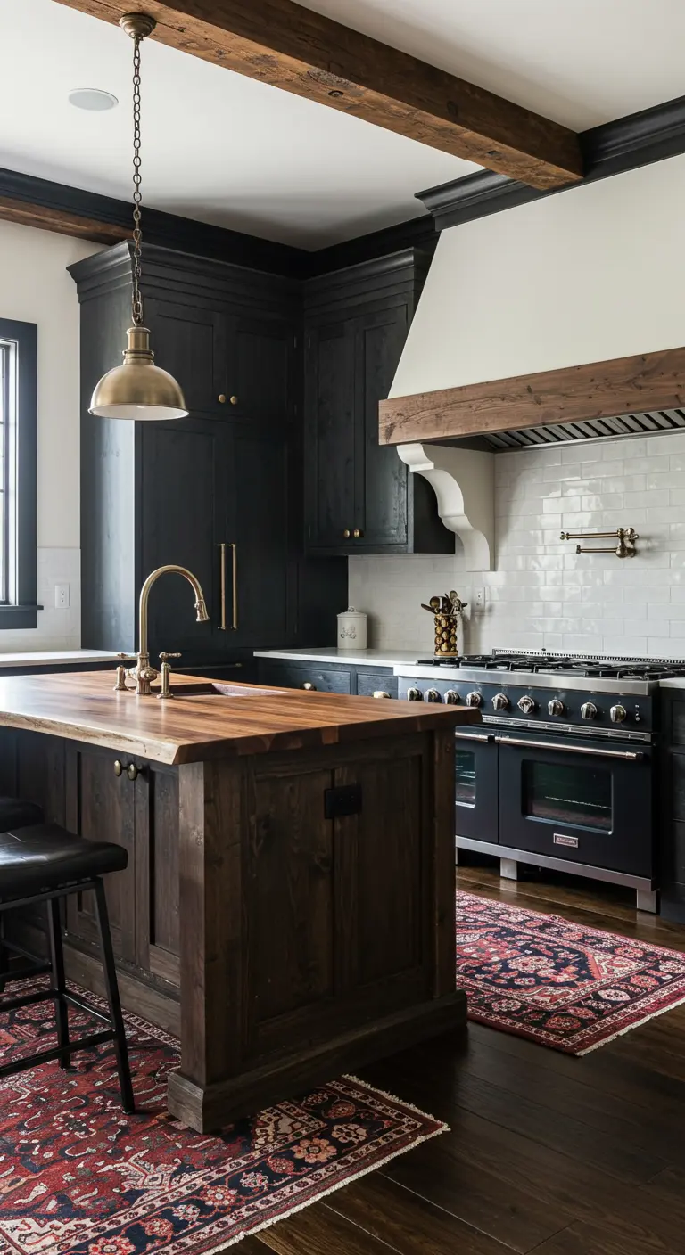 Landelijke zwarte keuken met houten balken, een houten eiland en een Perzisch tapijt op de vloer.