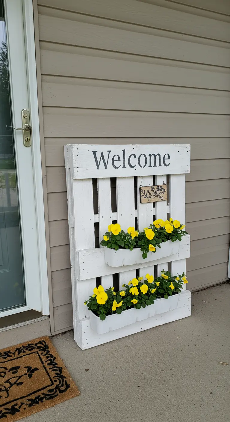 Witgeschilderde pallet bij voordeur met 'Welcome' tekst en gele bloemen in bakken.