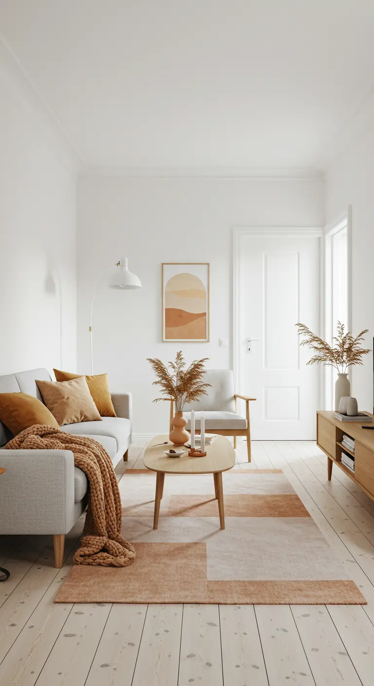 Lichte Scandinavische woonkamer met terracotta en okergele accenten in kussens en decoratie.
