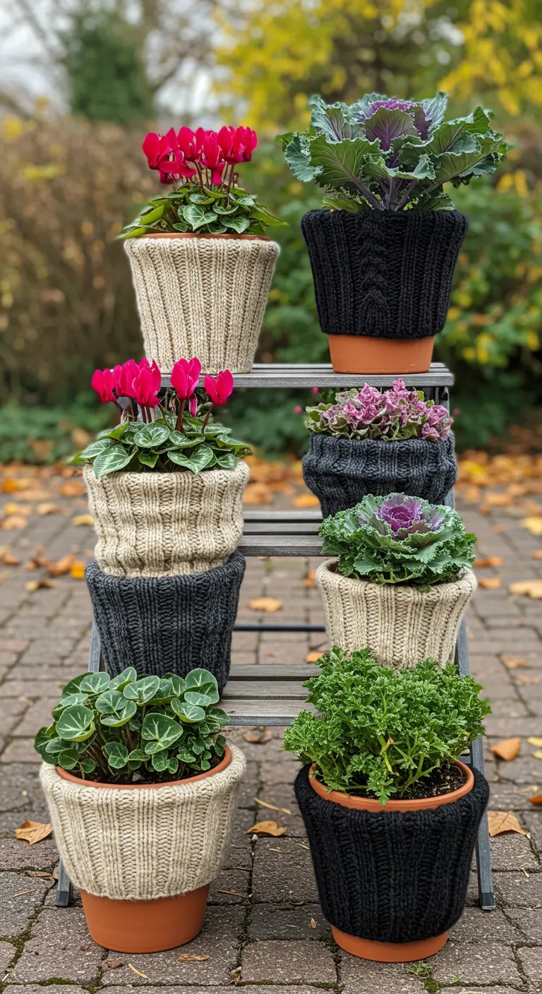 Een verzameling plantenpotten op een etagère, allemaal bekleed met gebreide hoezen.