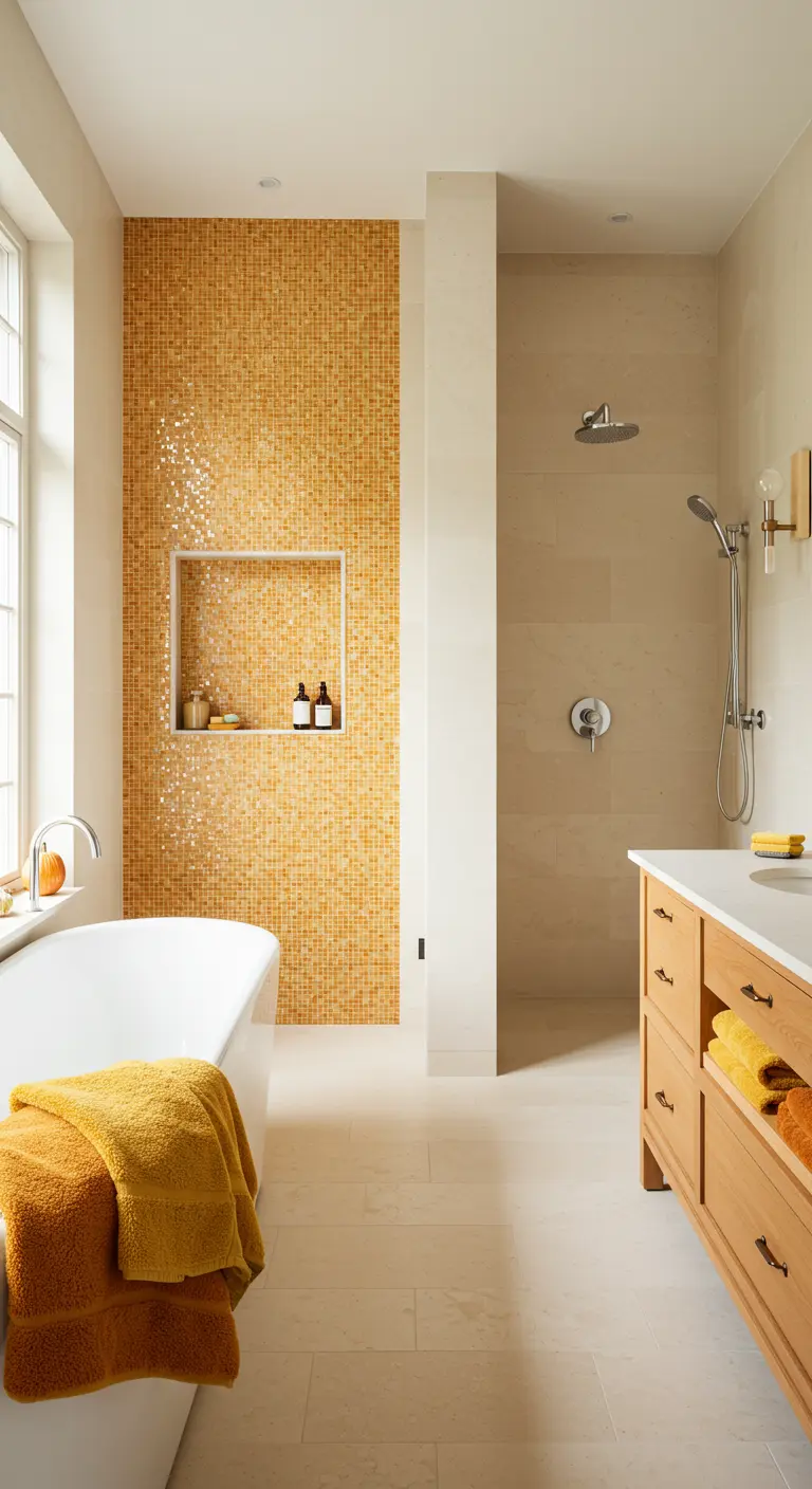 Lichte badkamer met een accentwand van amberkleurige mozaïektegels bij het bad.