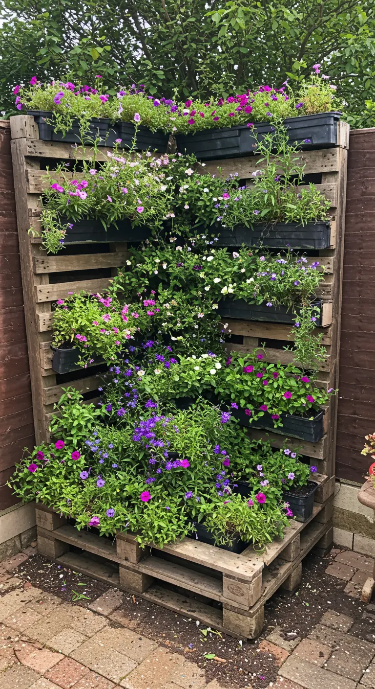 Verticale tuin van onbehandelde pallets, vol met een waterval van paarse en roze bloemen.