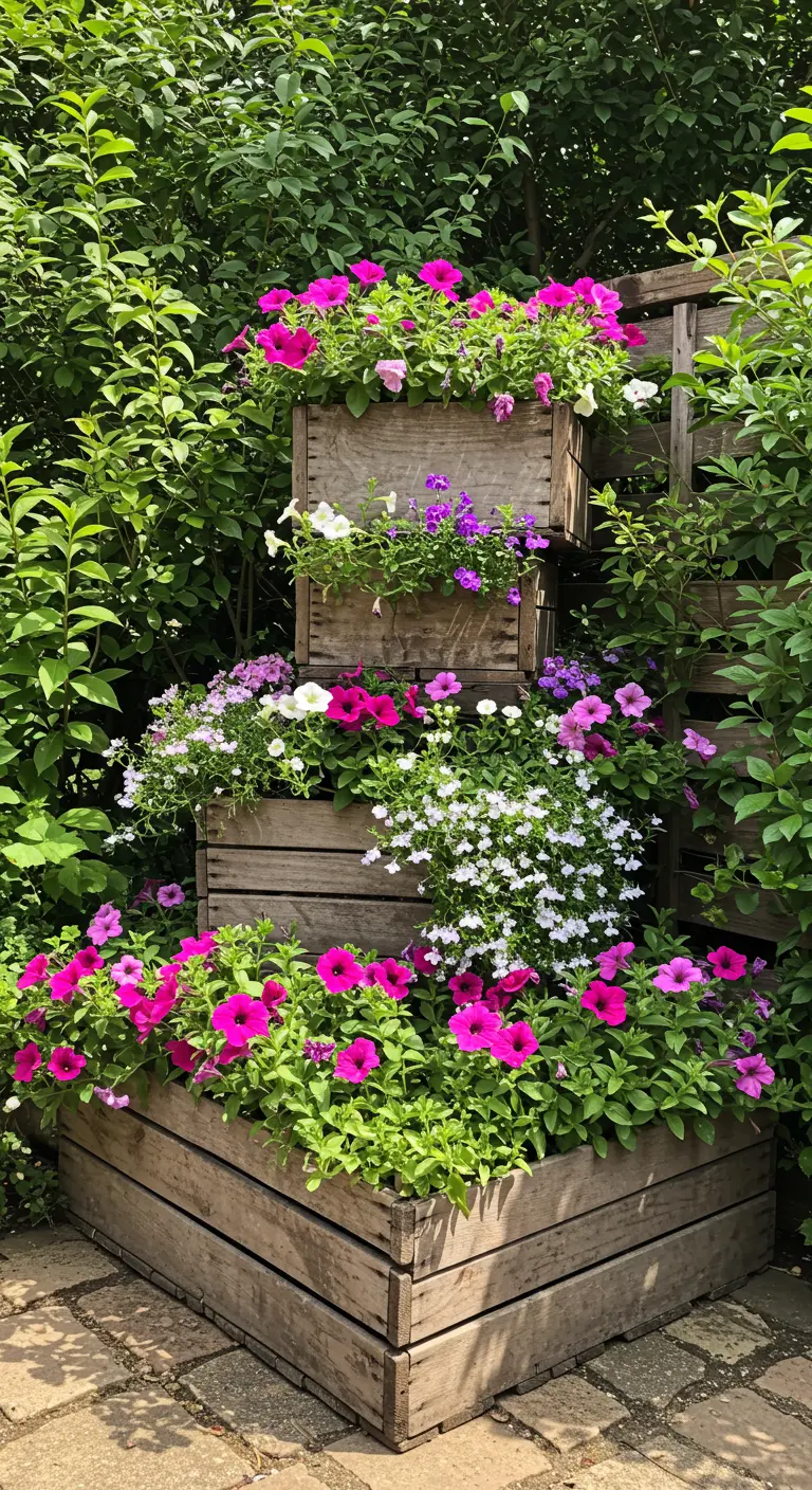Gestapelde houten kisten vol met roze, paarse en witte bloemen in een tuin.
