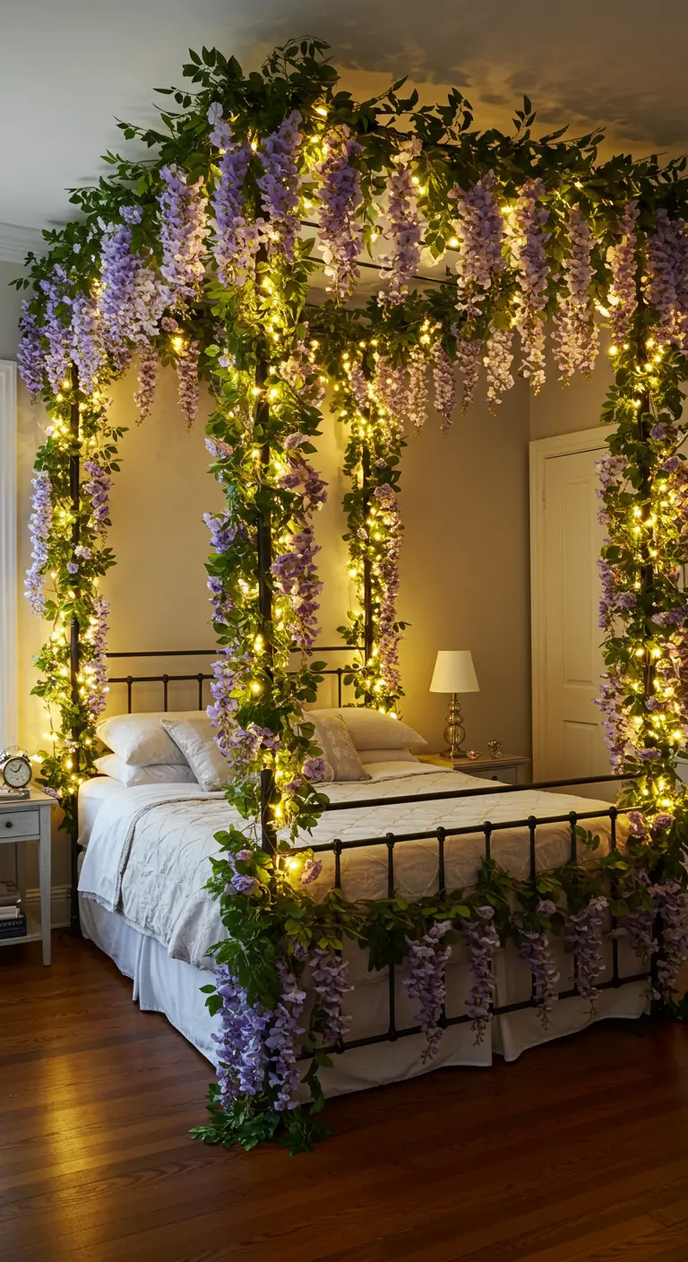 Zwart metalen hemelbedframe volledig bedekt met hangende blauweregen en fonkelende lichtjes.