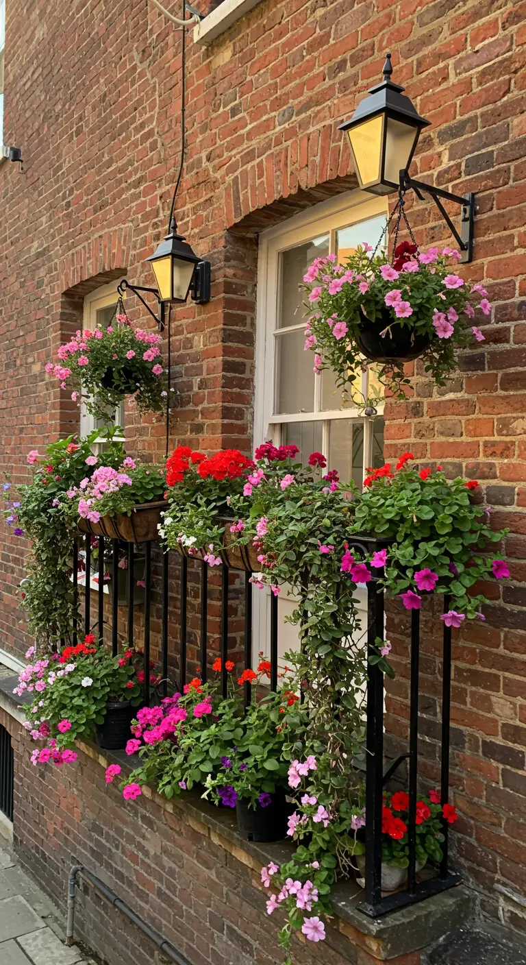 Klein Frans balkon aan een bakstenen muur, vol met hangende roze en rode bloemen.