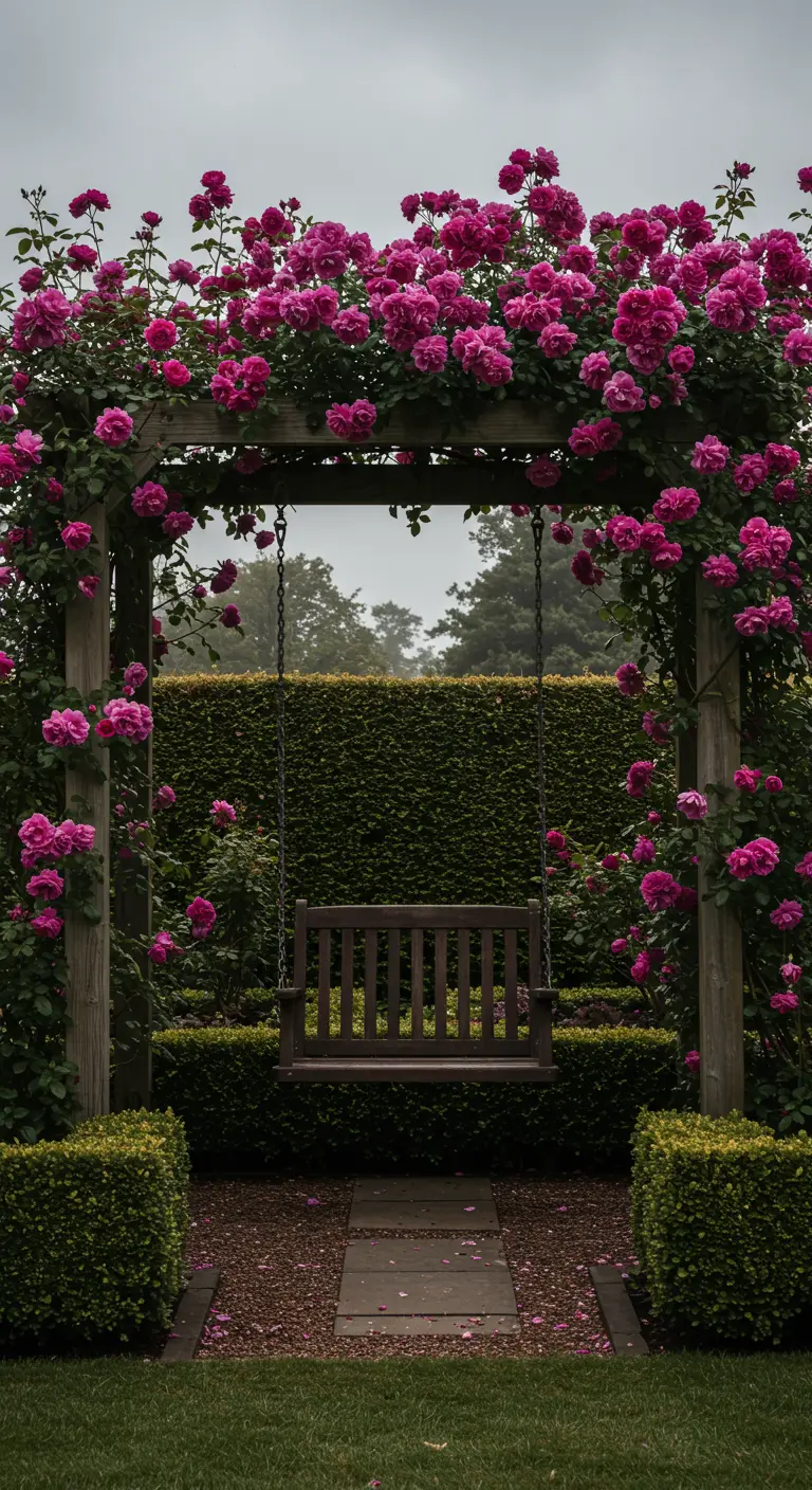 Donkerhouten schommelbank onder een pergola die overladen is met felroze, bloeiende rozen.