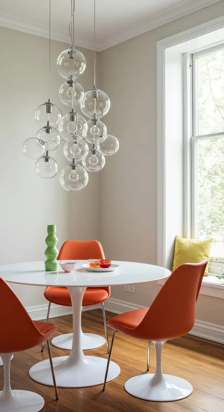 Moderne eetkamer met een hanglamp die bestaat uit een cluster van glazen bellen.