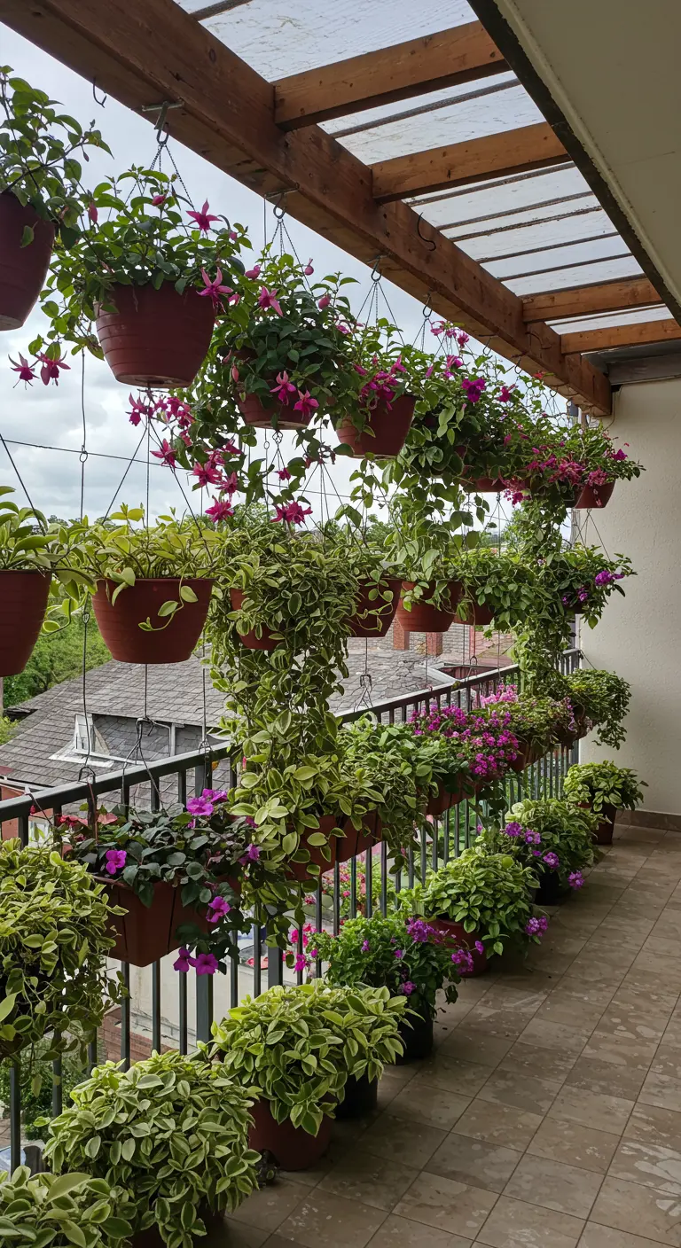 Balkon met rijen hangende potten die een gordijn van bloemen vormen.