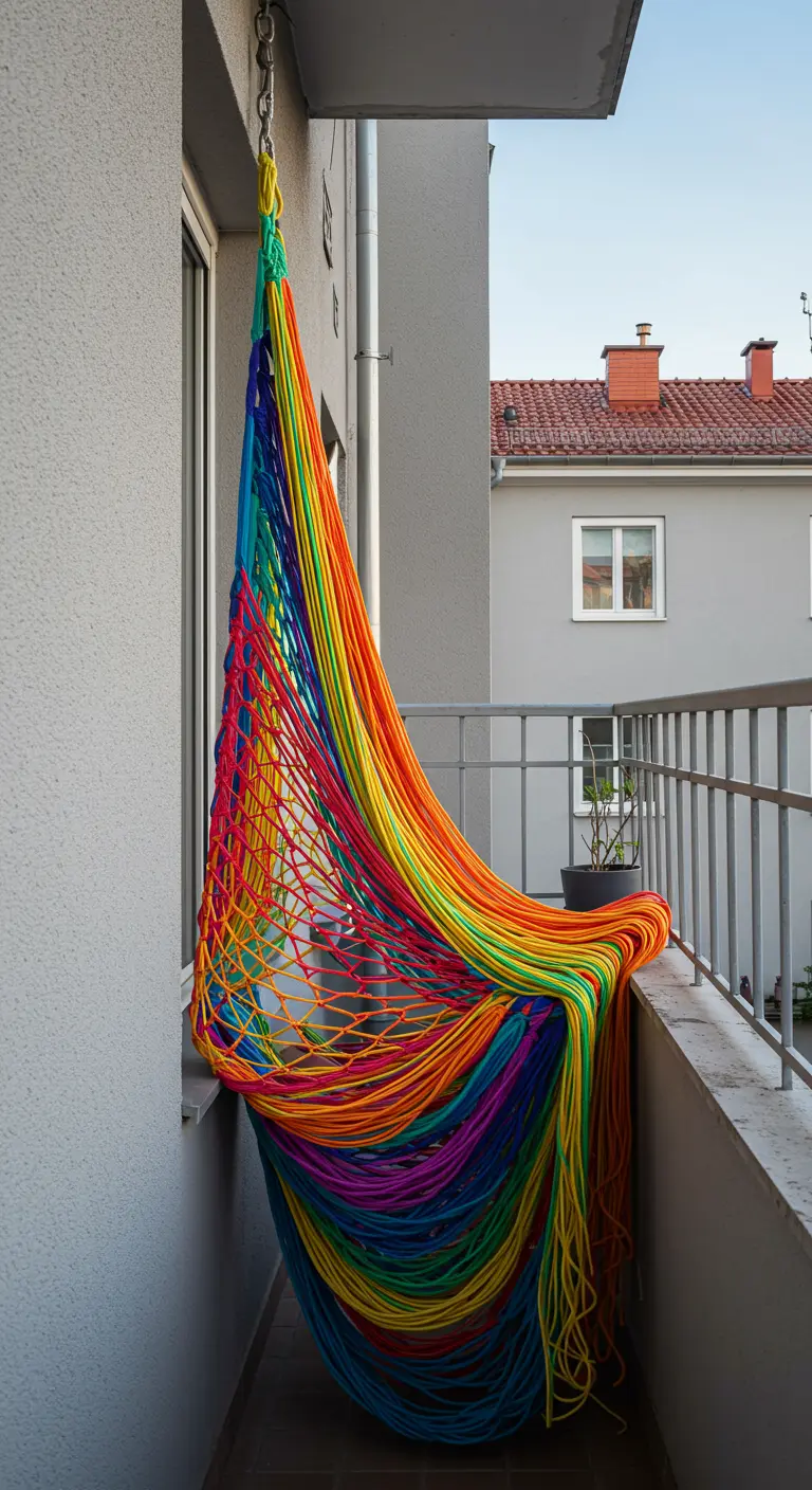 Hangstoel gemaakt van talloze regenboogkleurige touwen op een smal balkon.