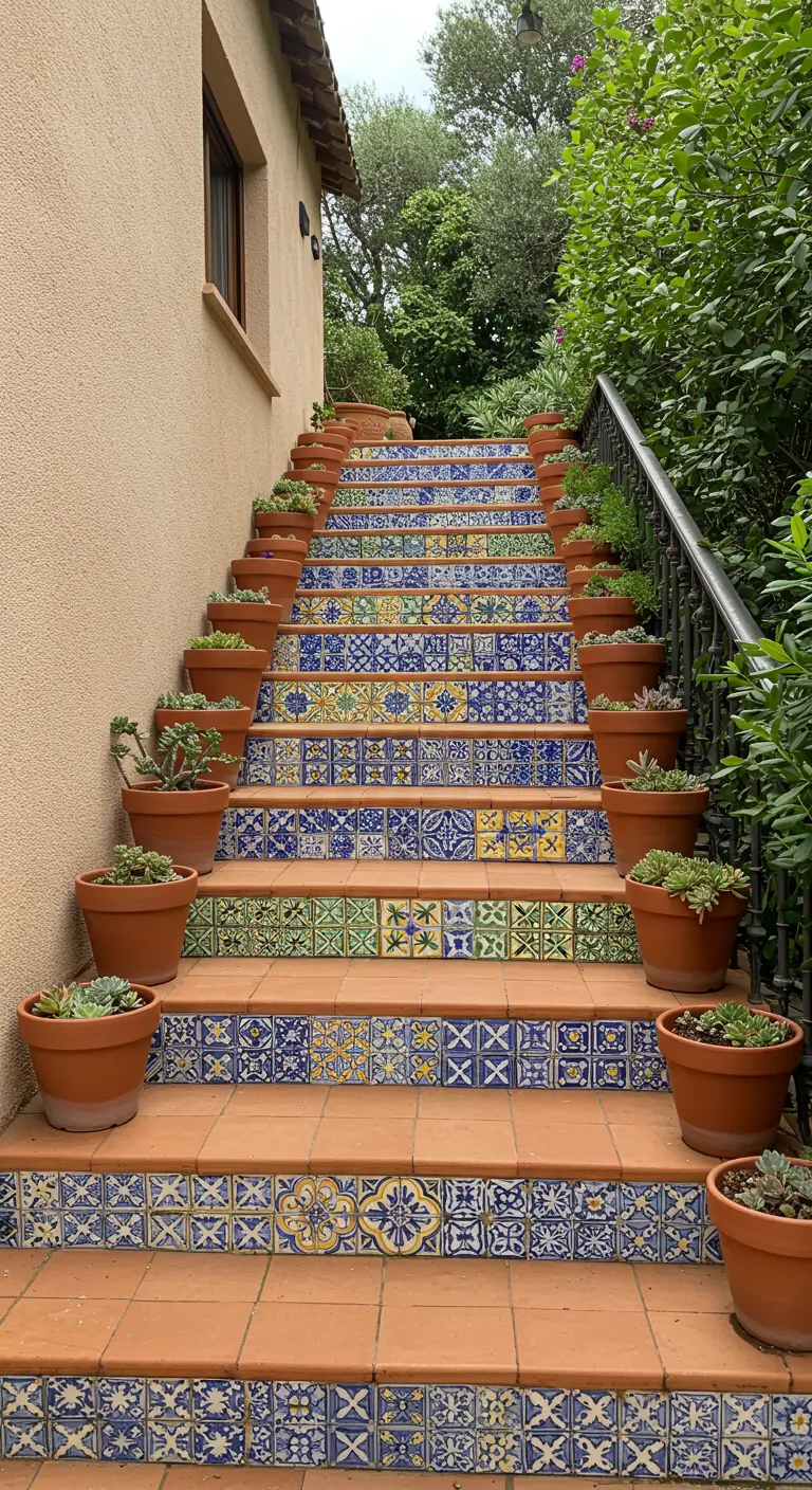 Buitentrap waarvan de stootborden zijn bekleed met verschillende Spaanse en Portugese mozaïektegels.