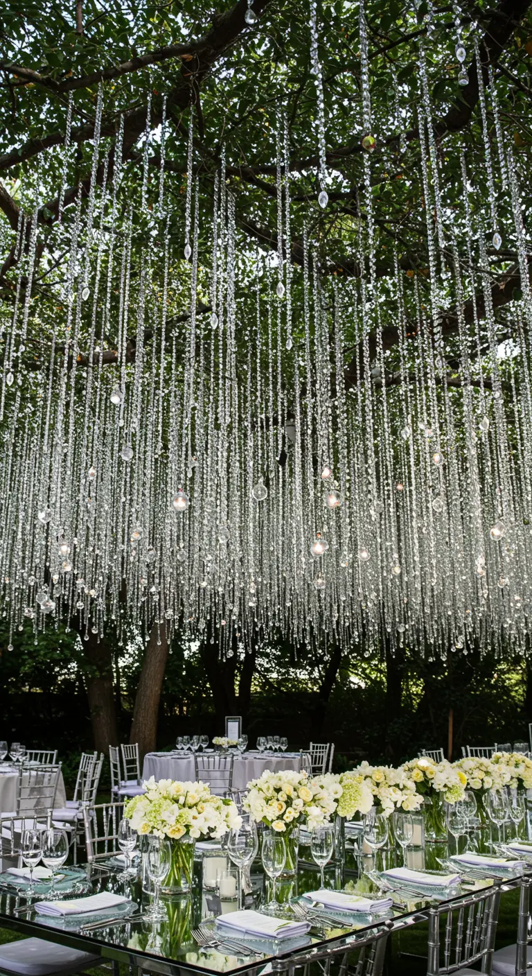 Kristallen slingers hangen als een waterval uit een boom boven feesttafels.