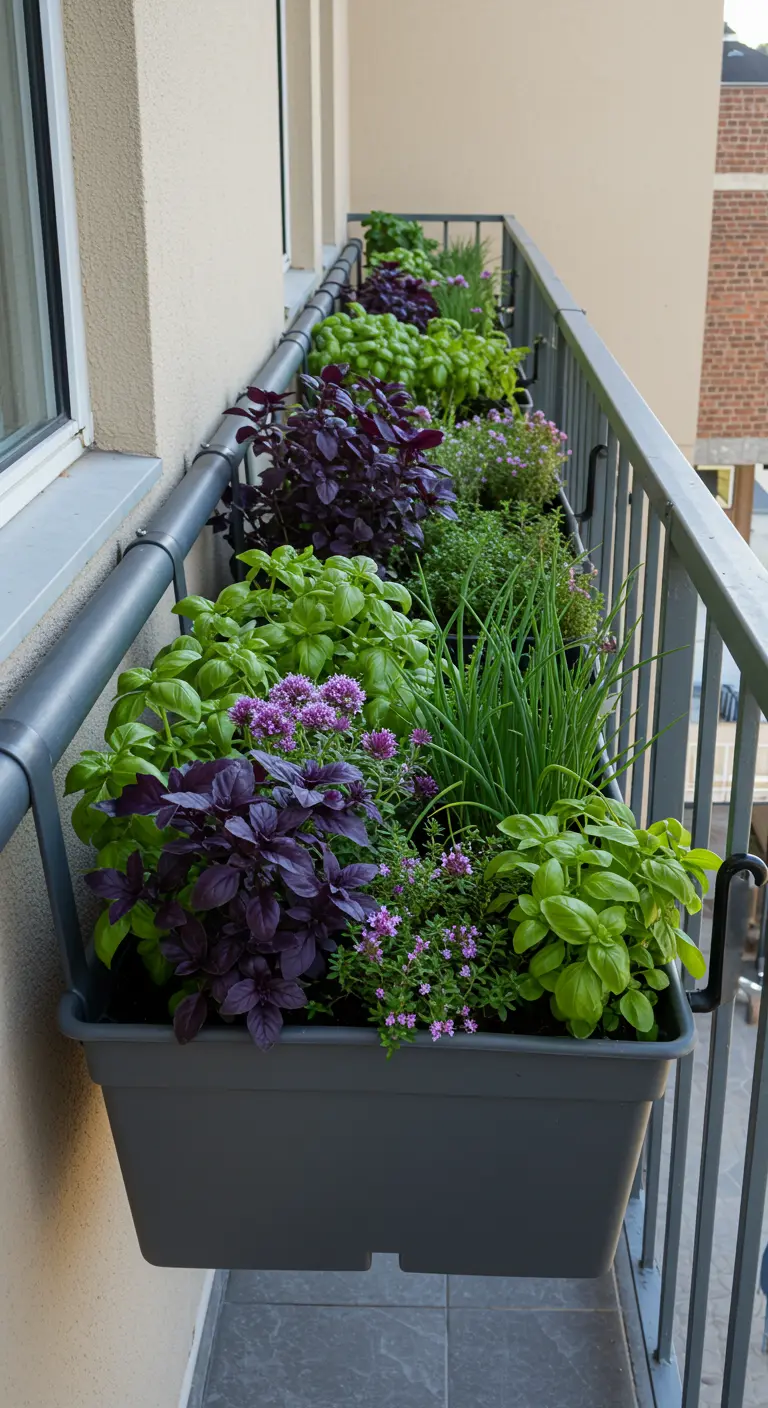 Lange grijze plantenbak aan een balkonreling vol met diverse kruiden.