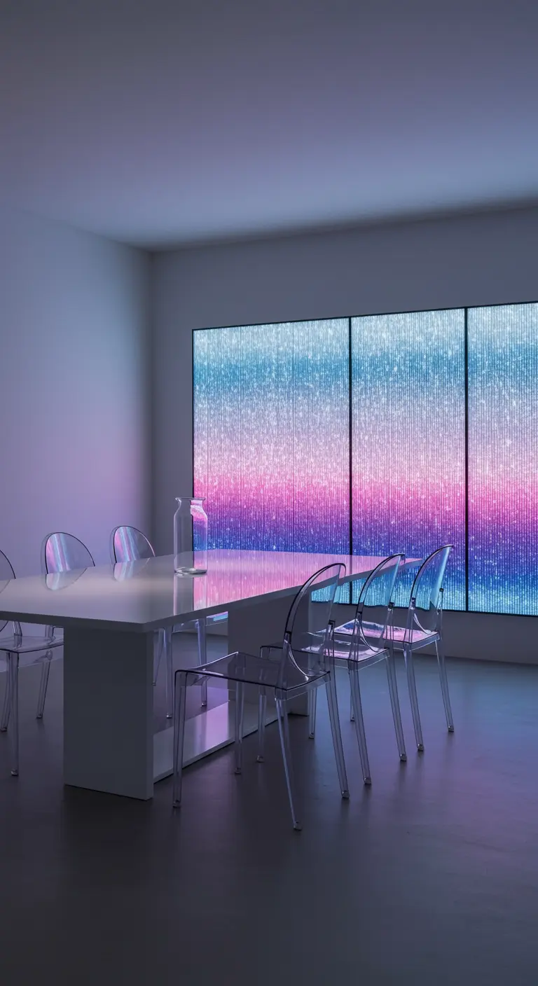 Minimalistische eetkamer met een groot lichtkunstwerk en transparante stoelen.