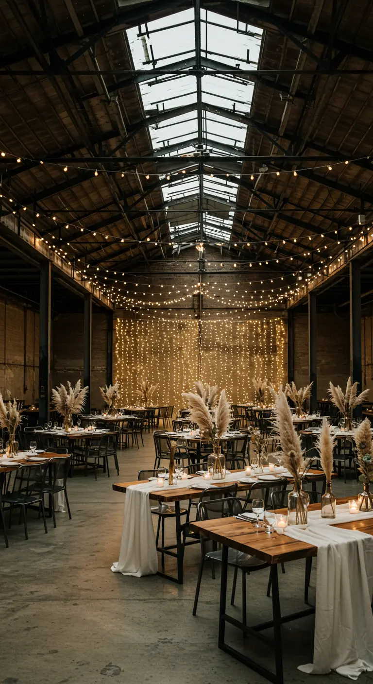 Grote industriële evenementenruimte met tafels gedekt voor een feest en een muur van lichtjes.