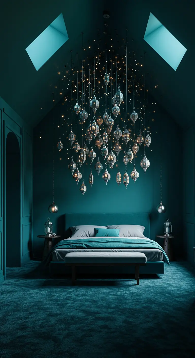 Petrolkleurige slaapkamer met een wolk van kleine zilveren lantaarns en lichtjes aan het plafond.
