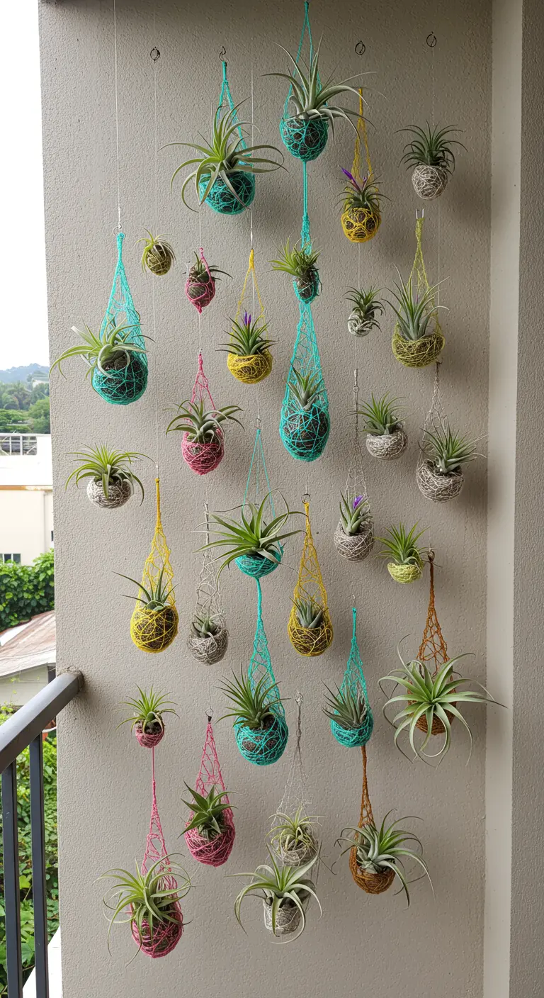 Muur vol met kleine luchtplantjes in kleurrijke, handgeknoopte macramé-hangers.