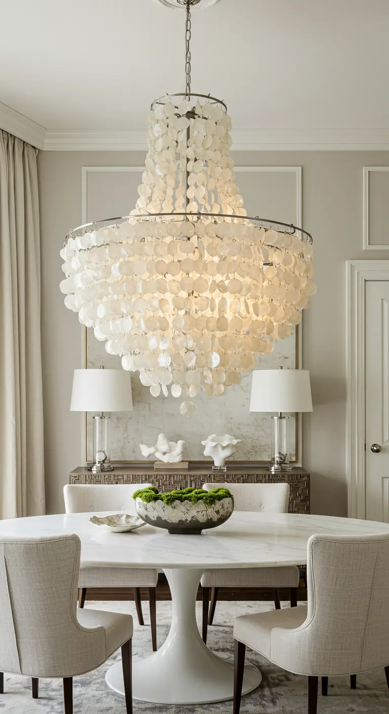 Elegante eetkamer met een grote kroonluchter van parelmoeren schelpen boven een witte tafel.