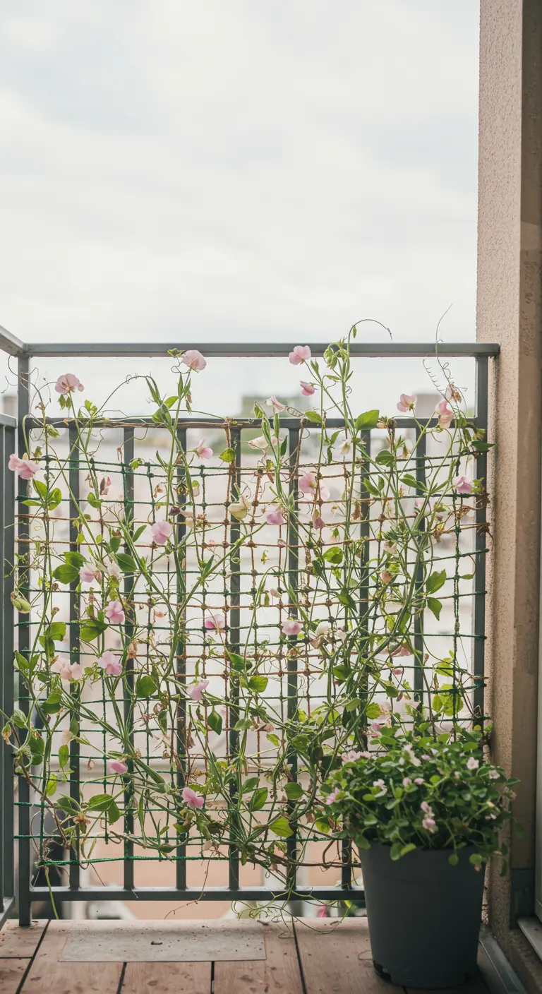 Lathyrus klimt omhoog tegen een zelfgemaakt raster van groen touw aan een balkonhek.