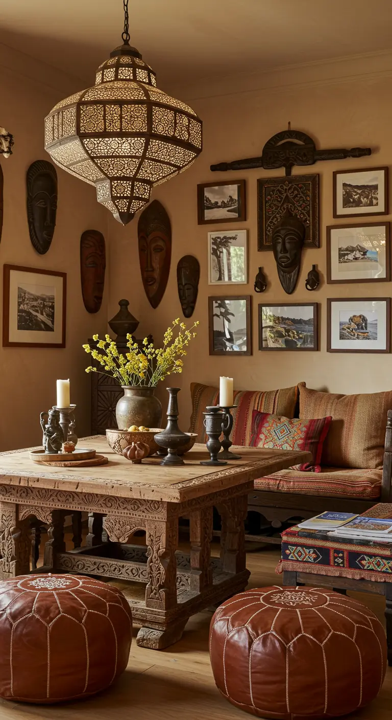 Eclectische eetkamer in wereldse stijl met een Marokkaanse lamp, maskers en een zware houten tafel.
