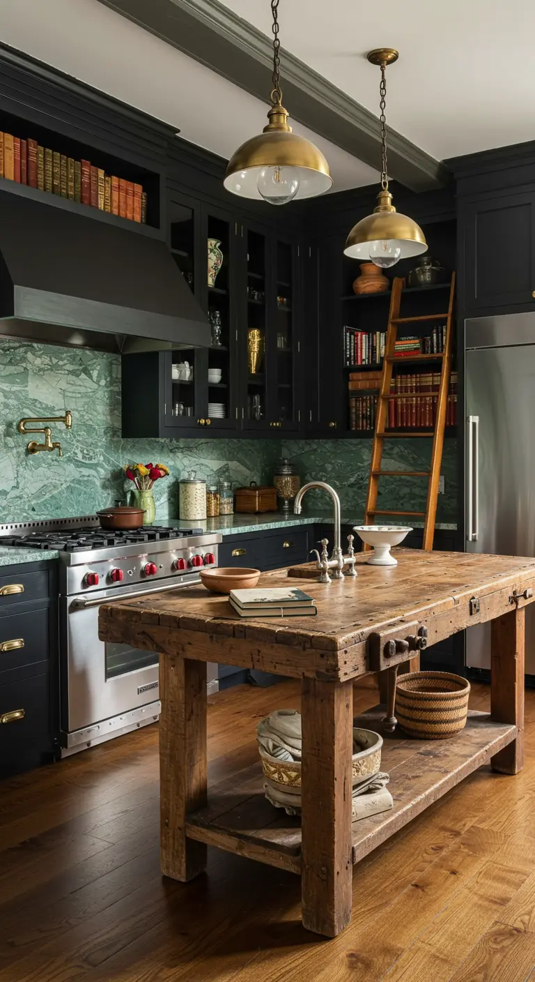 Eclectische zwarte keuken met groen marmer, open kasten en een oude houten werkbank als eiland.