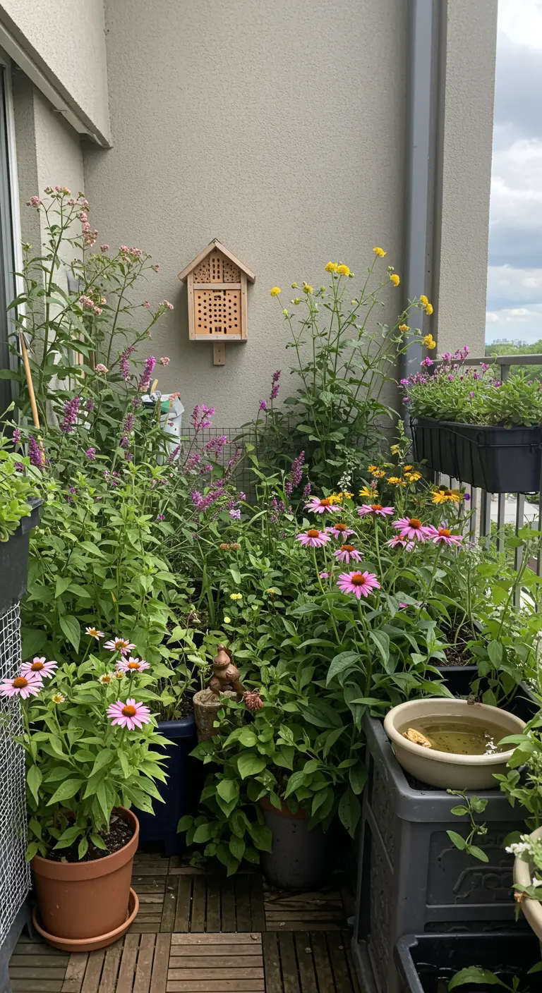 Balkon vol met wilde, bloeiende planten zoals zonnehoed en een insectenhotel aan de muur.