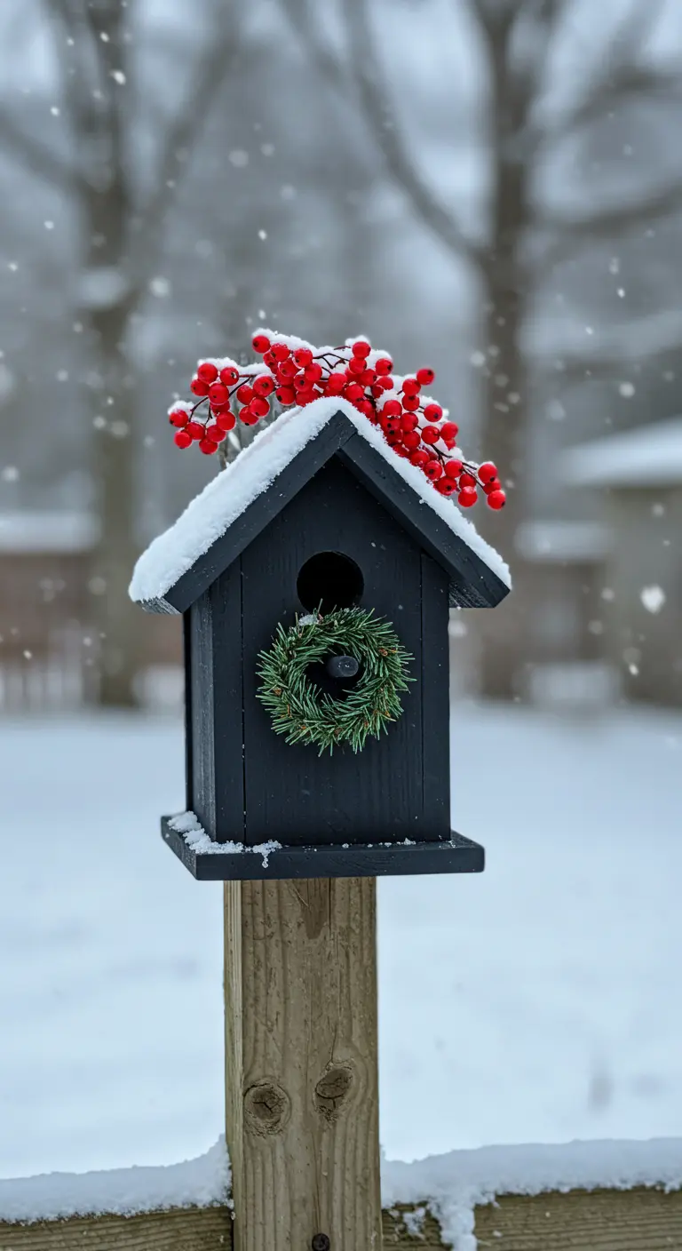 Zwart vogelhuisje in de sneeuw, versierd met een miniatuurkrans en rode besjes.