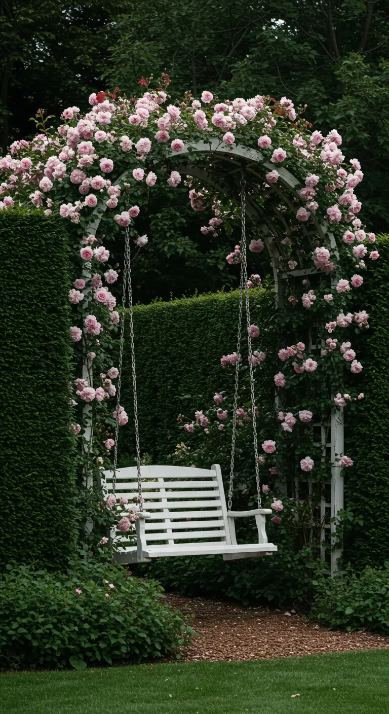 Witte houten schommelbank onder een witte boog, volledig begroeid met zachtroze rozen, in een dichte, groene tuin.