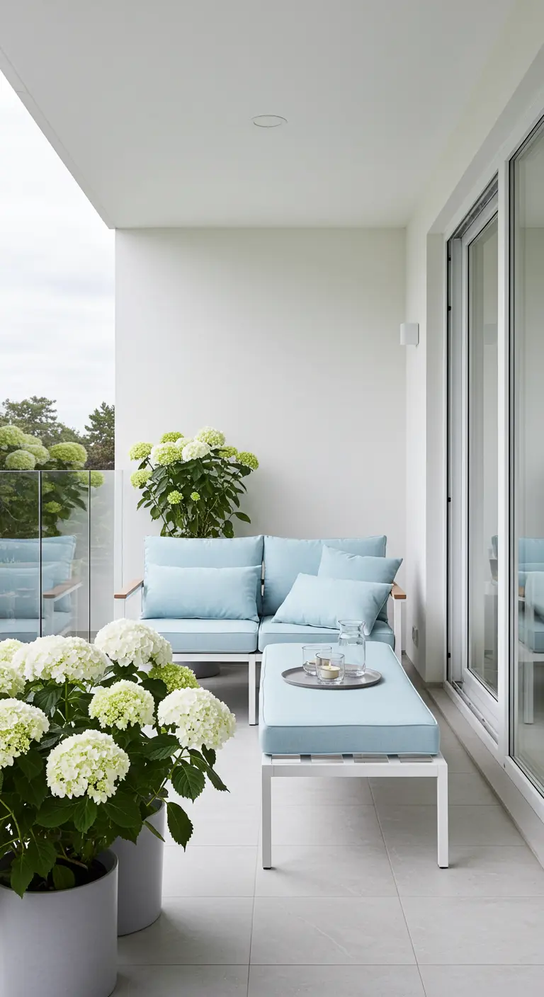 Wit balkon met een moderne loungeset met lichtblauwe kussens en witte hortensia's.