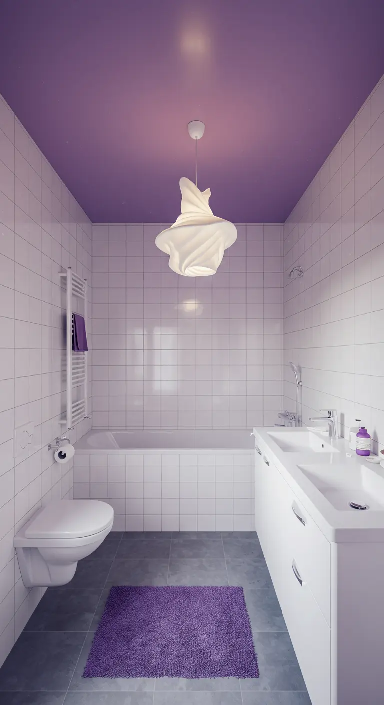 Witte tegelbadkamer met een lavendelpaars plafond en een sculpturale witte hanglamp.