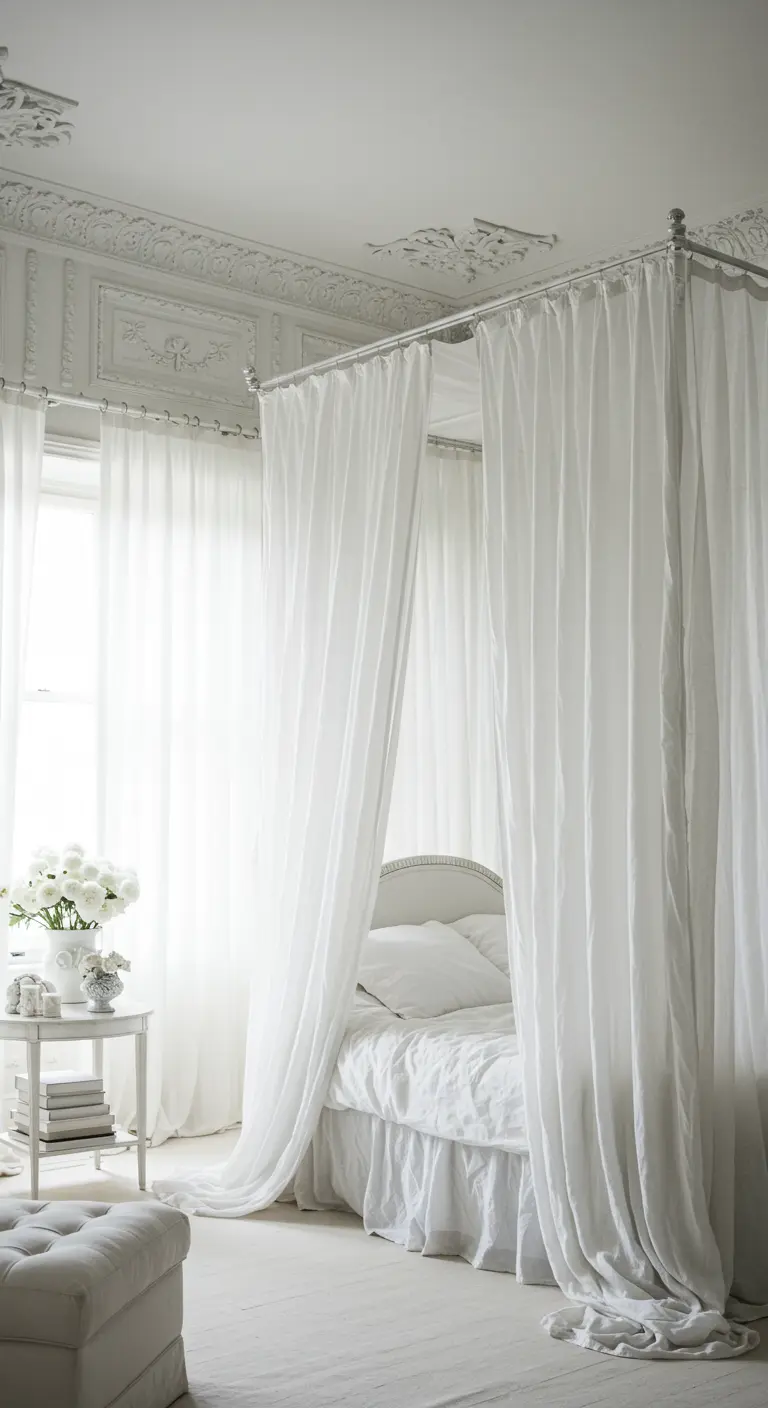 Witte slaapkamer met sierlijsten en een hemelbed met witte gordijnen.
