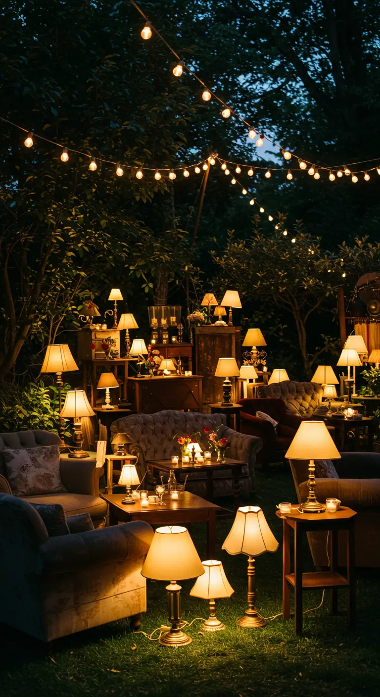 Buitenlounge in de schemering, verlicht door een verzameling vintage schemerlampen.