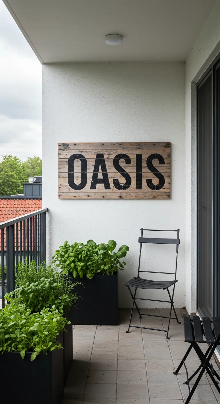 Balkonmuur met een houten bord met daarop het woord 'OASIS' in zwarte letters.