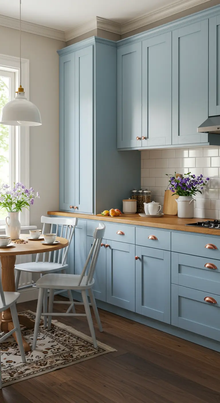 Lichtblauwe keuken met een houten werkblad en een kleine, ronde houten eettafel met witte stoelen.