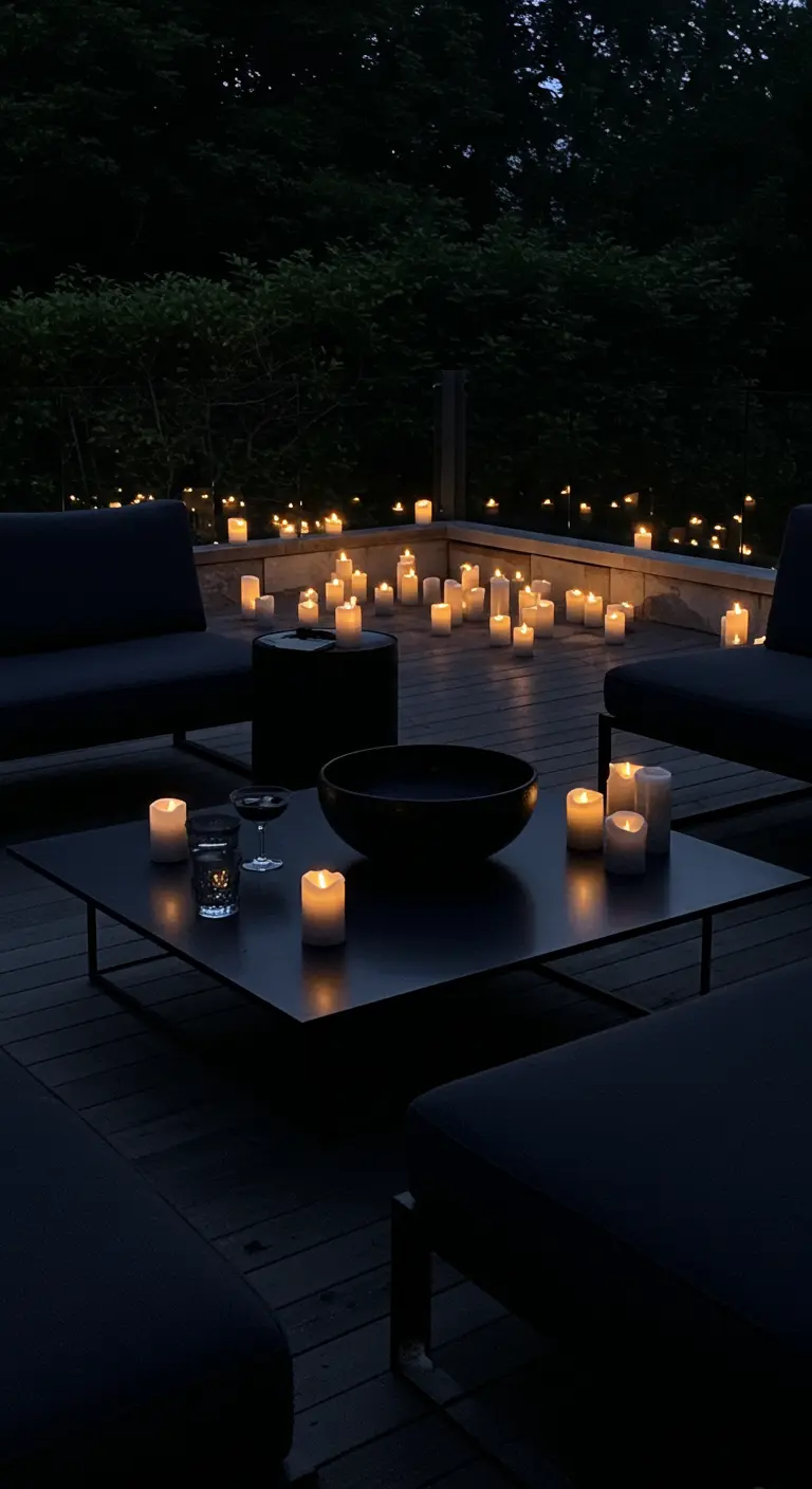 Modern donker terras 's nachts, volledig verlicht door talloze kaarsen op de grond en op tafel.