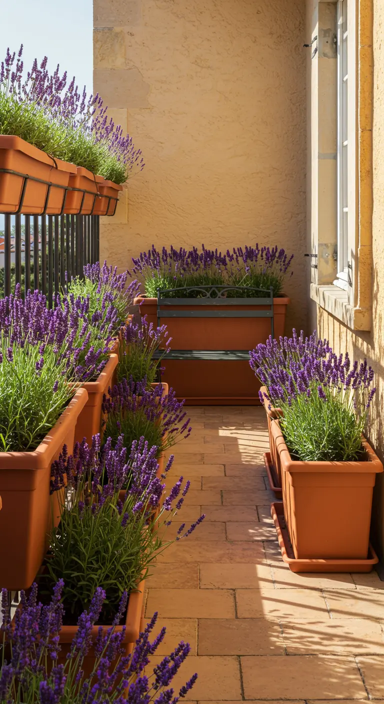 Balkon vol met terracotta bakken en potten met bloeiende lavendel.
