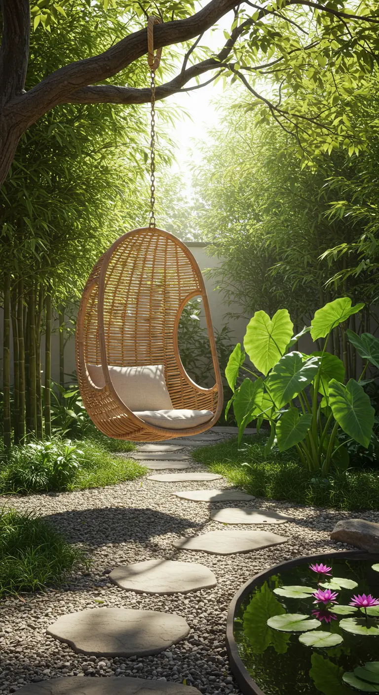 Rotan hangstoel in een Japanse zentuin met een grindpad, bamboe en een vijver met waterlelies.