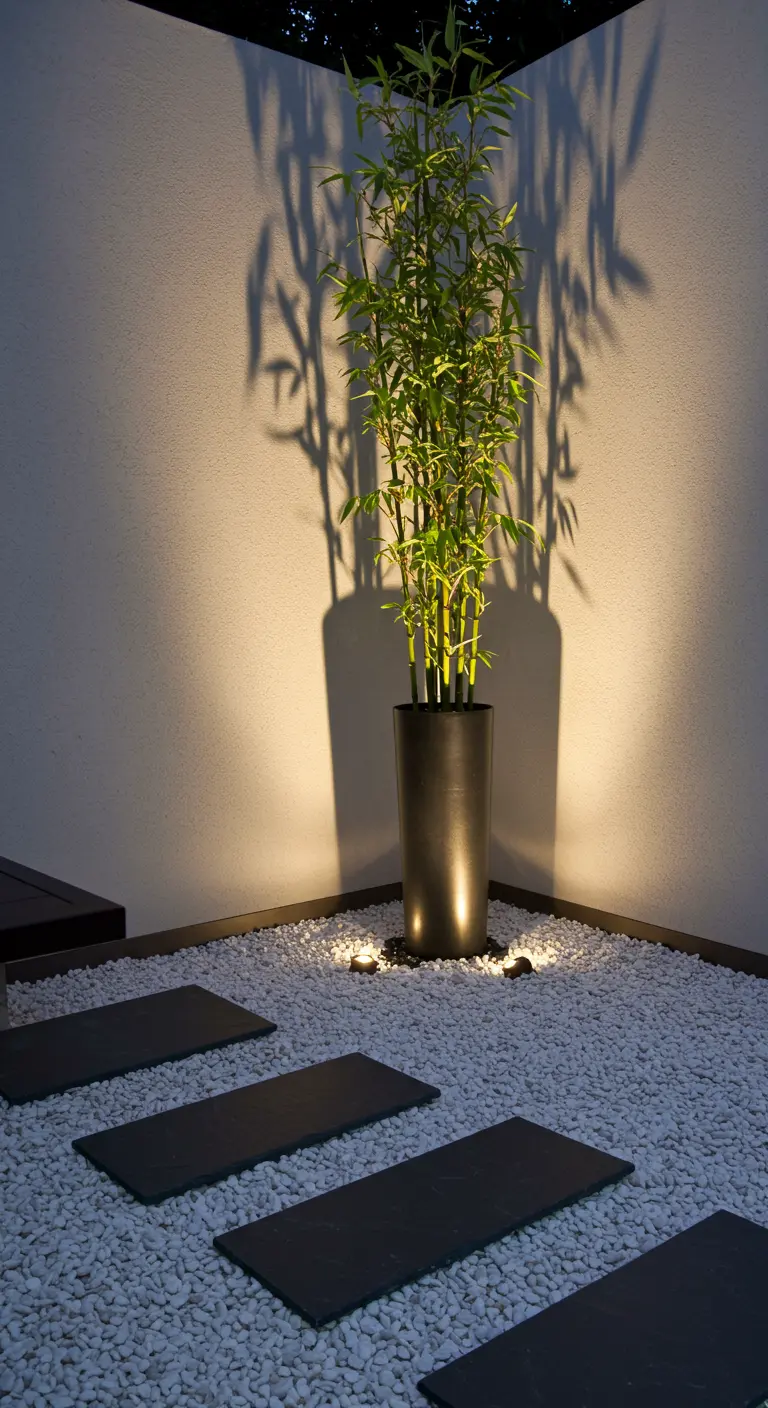 Bamboeplant in een donkere pot, uitgelicht door een spot in een hoek met witte kiezels.