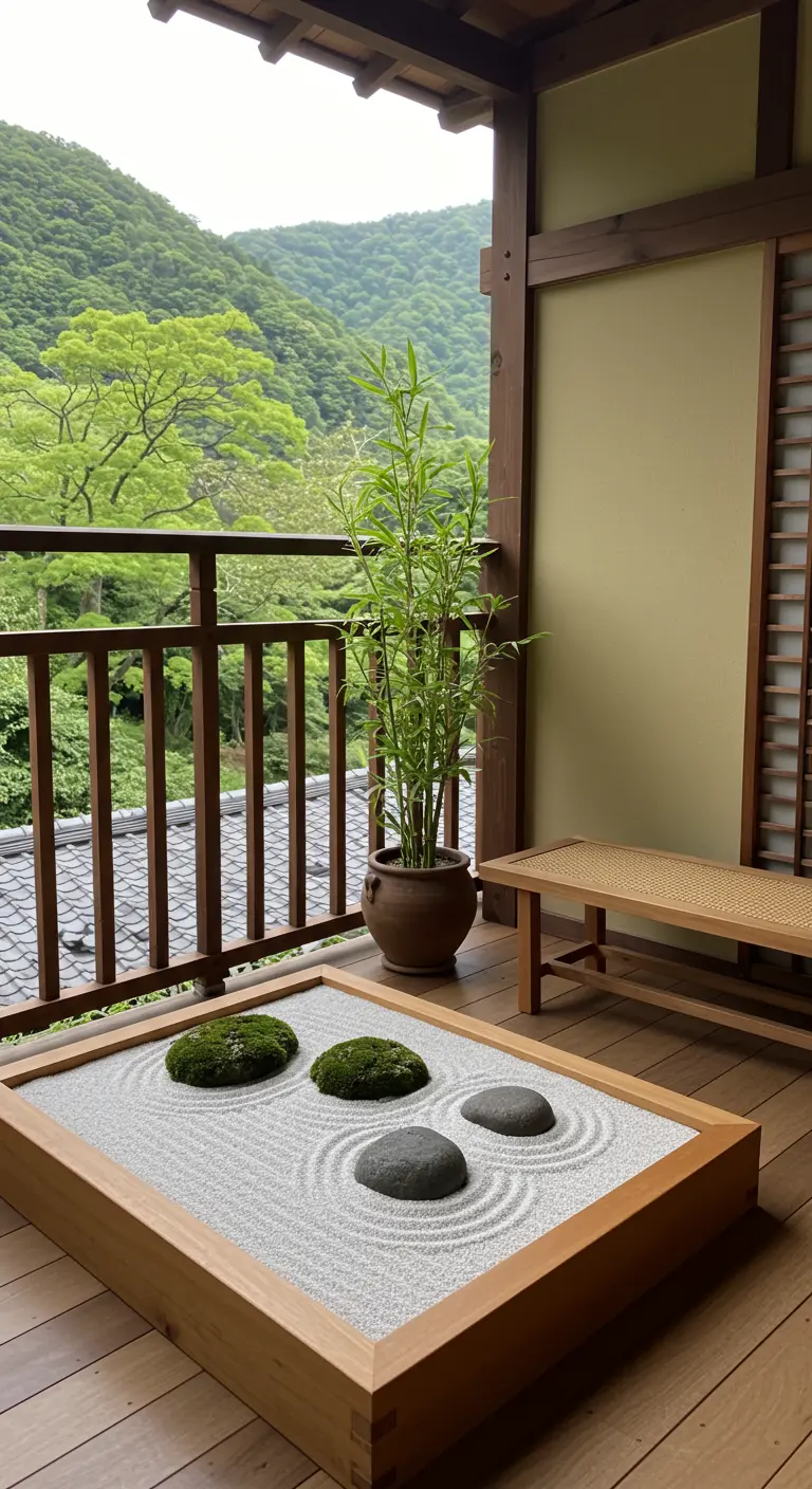 Balkon met uitzicht op bergen, met een miniatuur zen-tuin op de voorgrond.