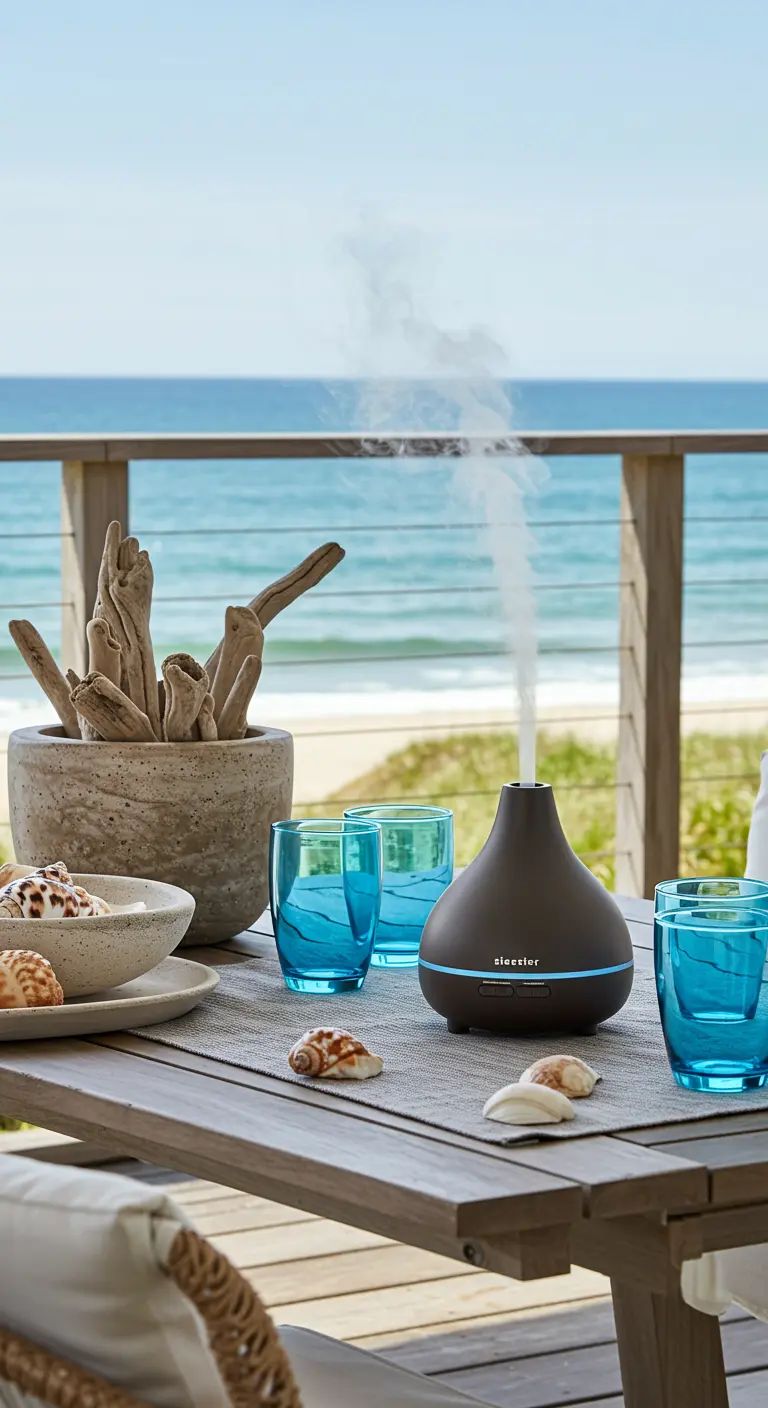 Tafel op een balkon met uitzicht op zee, met een diffuser, schelpen en blauwe glazen.