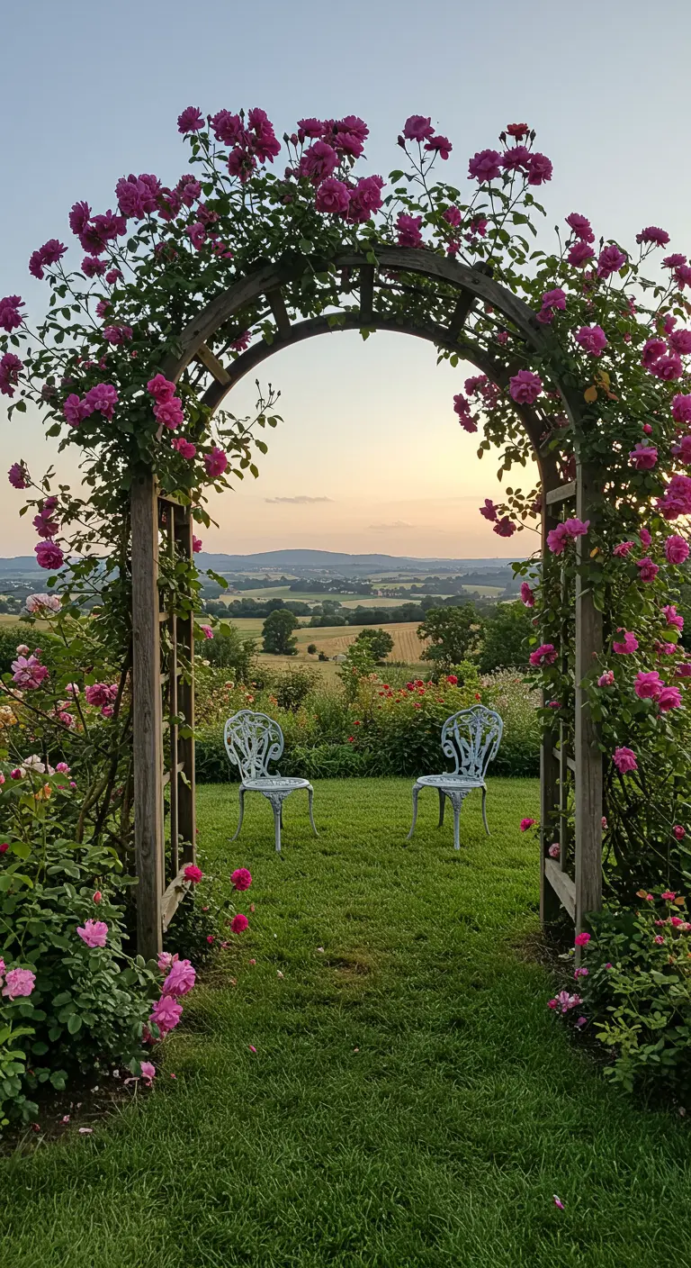 Houten rozenboog met roze rozen die een uitzicht op heuvels bij zonsondergang omlijst.