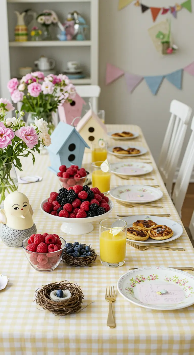Tafel met een geblokt kleed, vogelhuisjes, vers fruit en bloemen.