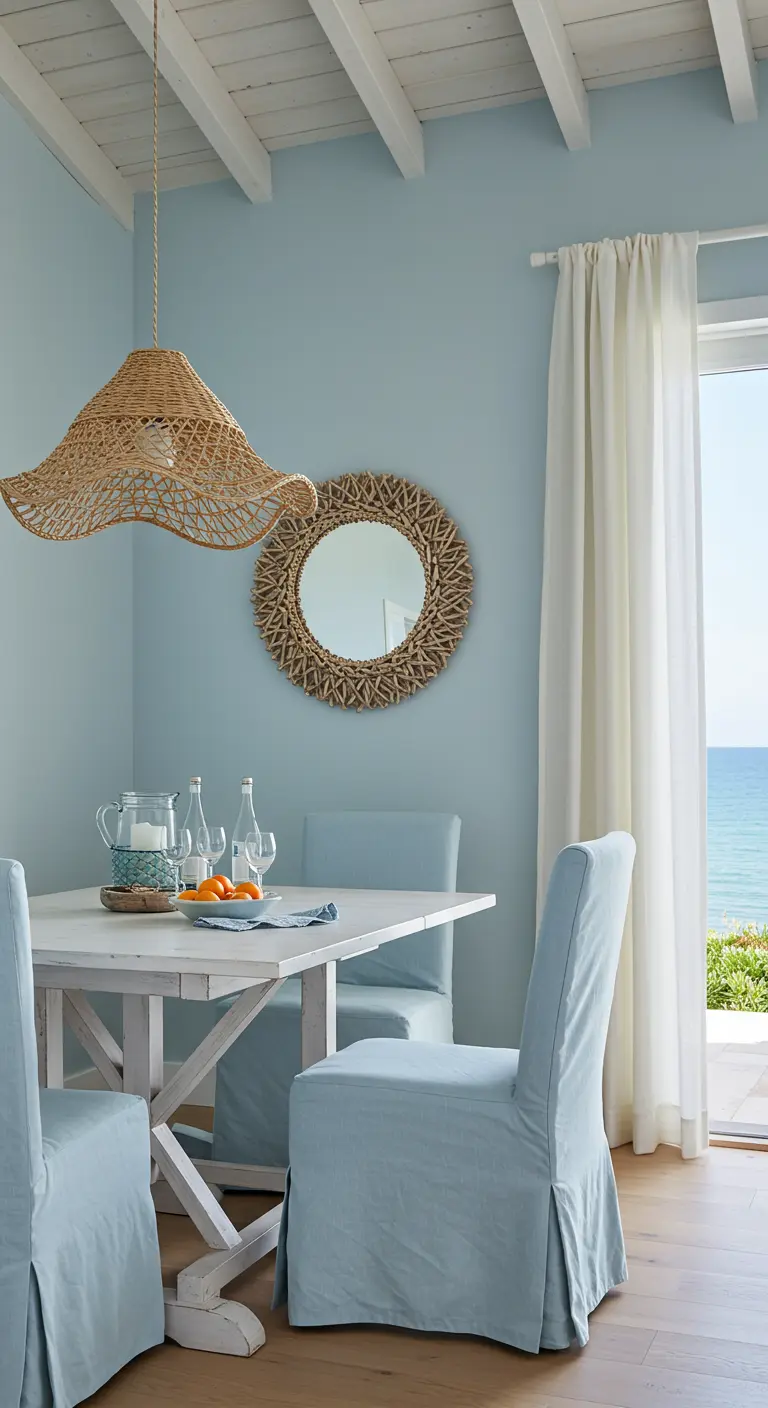 Lichte eethoek aan zee met lichtblauwe stoelhoezen, een rieten lamp en een spiegel van drijfhout.