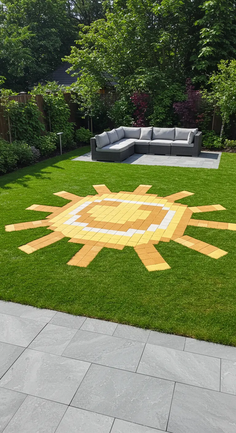 Mozaïek van een zon met stralen, gemaakt van gele en witte tegels in een grasveld.