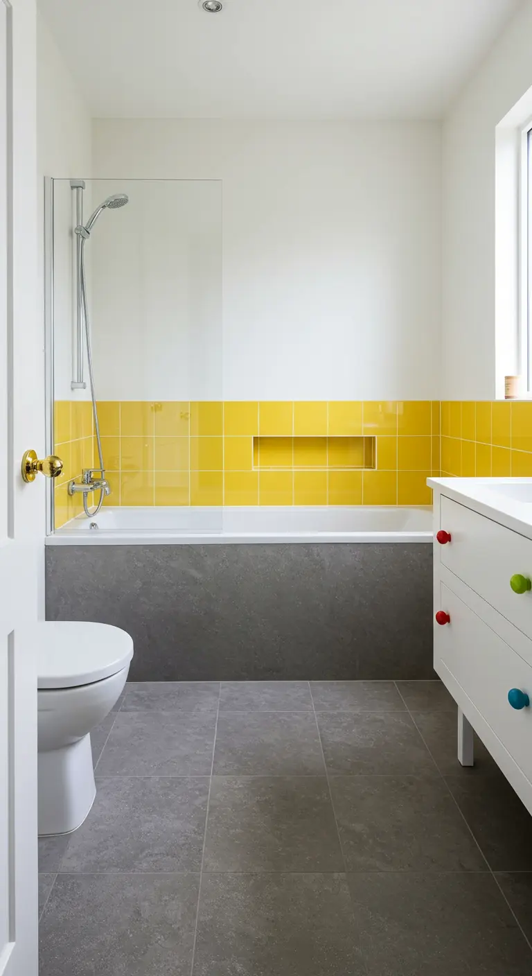 Badkamer met een grijze betonciré badombouw en een muur van felgele tegels.