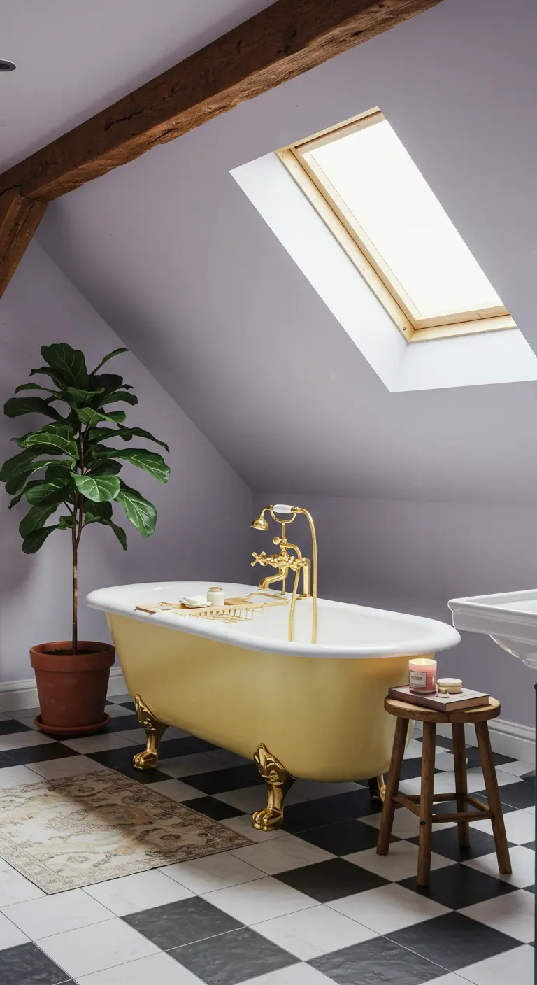 Vrijstaand geel bad op pootjes onder een dakraam in een zolderbadkamer.