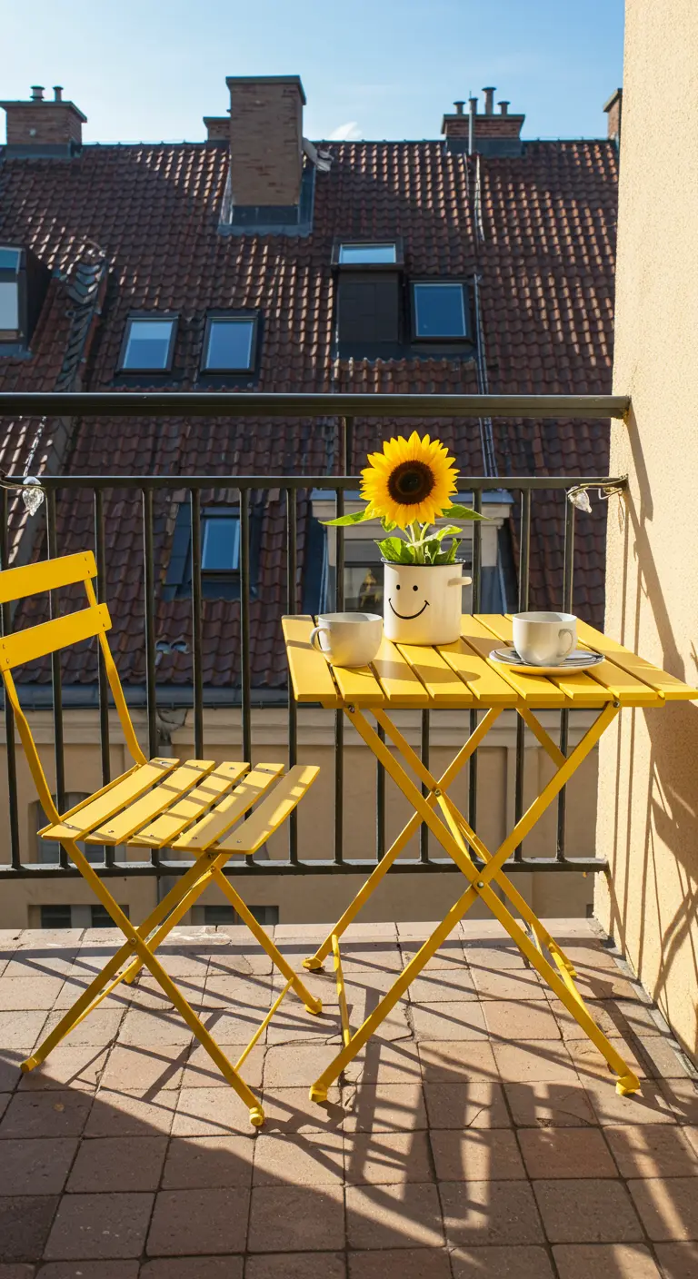 Klein stadsbalkon met een gele klapstoel, een gele tafel en een zonnebloem in een pot met een smiley.
