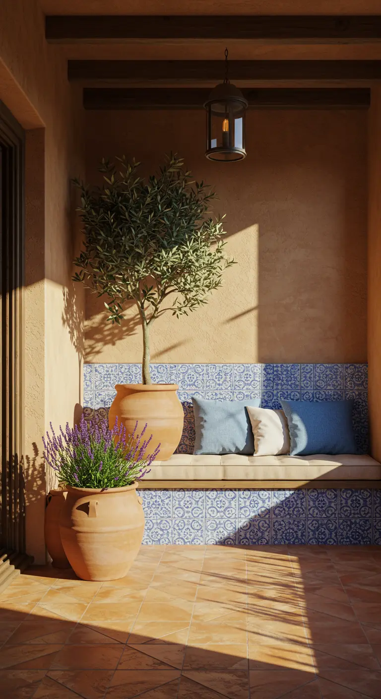 Mediterrane patio met tegelbank, terracotta potten met lavendel en een olijfboom.