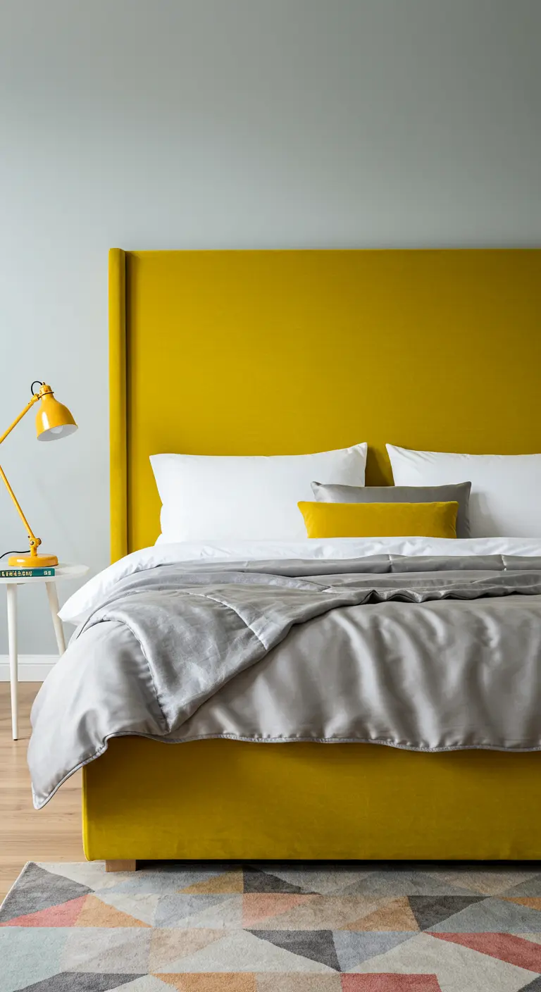 Moderne slaapkamer met een hoog, felgeel hoofdbord, grijs beddengoed en een bijpassende gele bureaulamp.